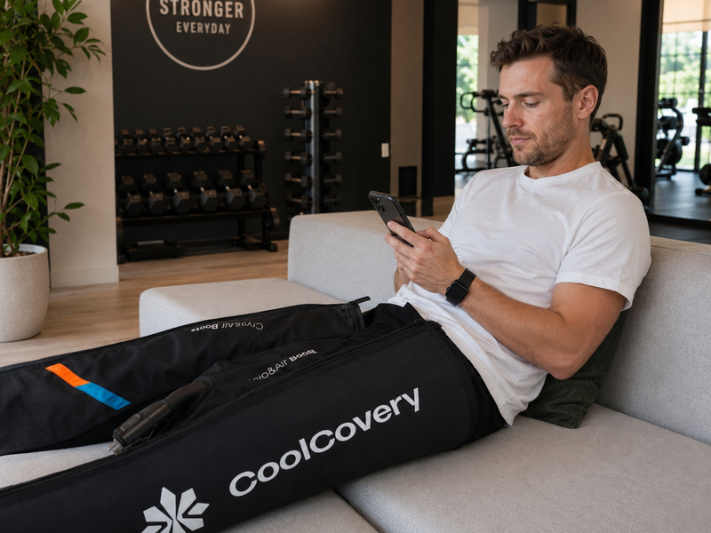 Man sitting on a couch using a phone with a 'Coolcovery' product bag beside him in a gym setting.