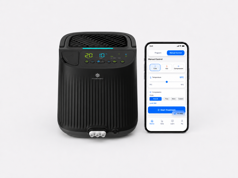 Black air purifier with smartphone displaying app interface on a white background