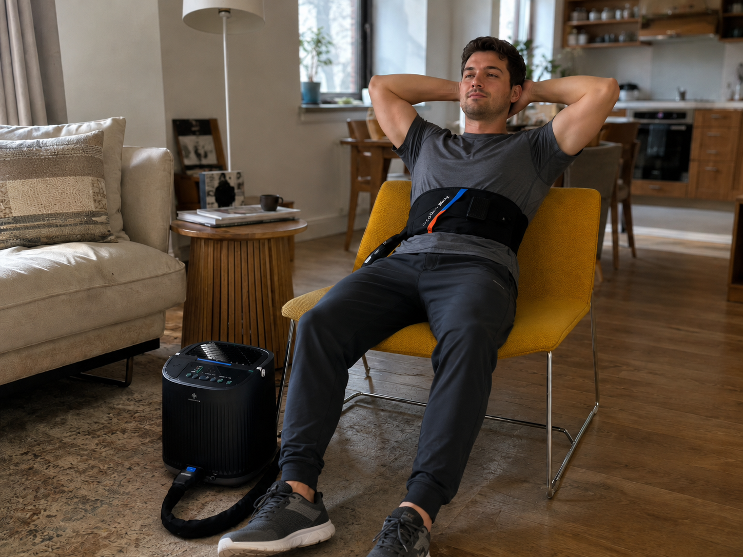 Man sitting on a yellow chair in a living room with a black portable air conditioner next to him.