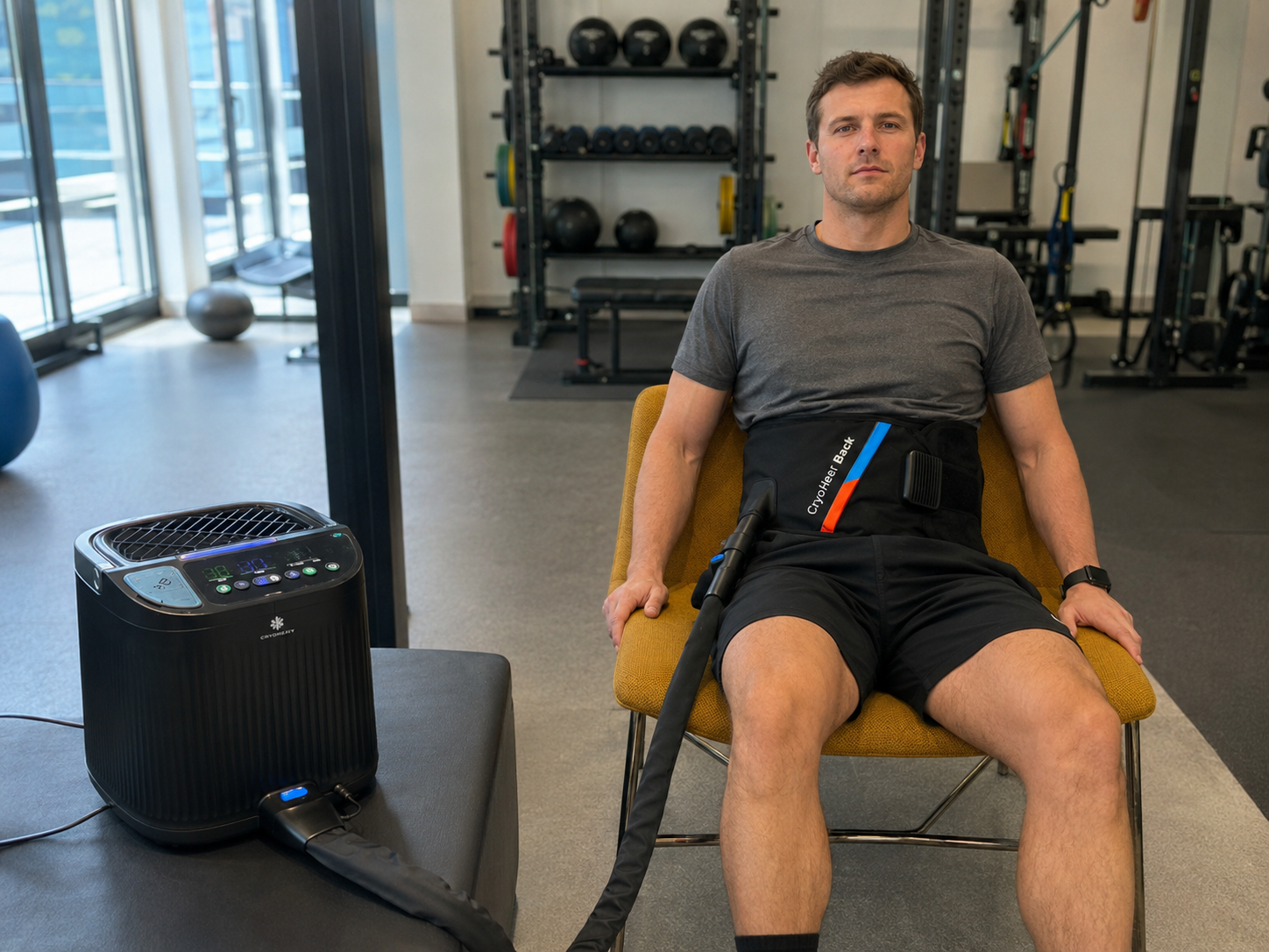 Man using a compression device in a gym setting with exercise equipment in the background.