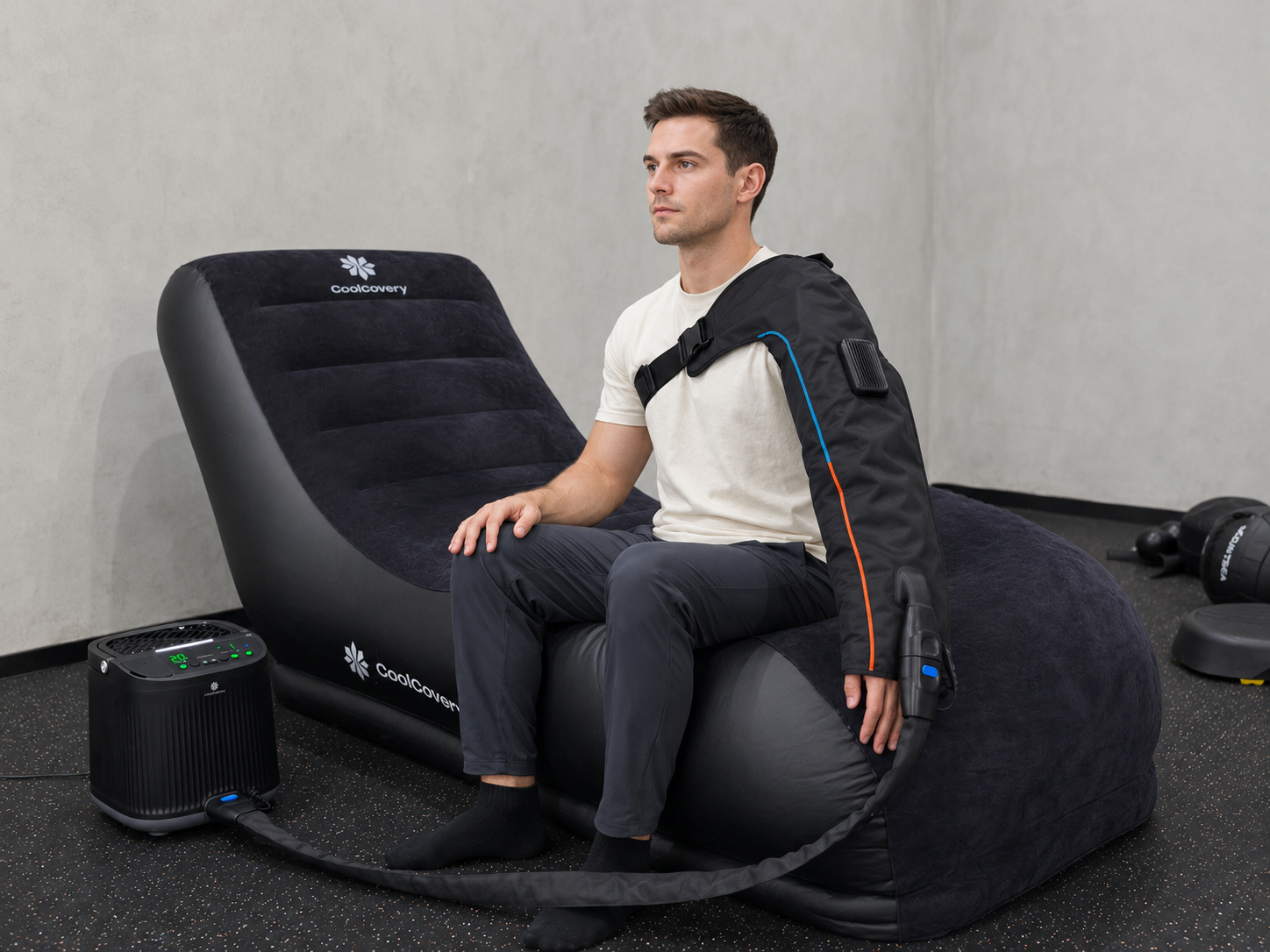 Man using a massage chair with a control panel on a gray background