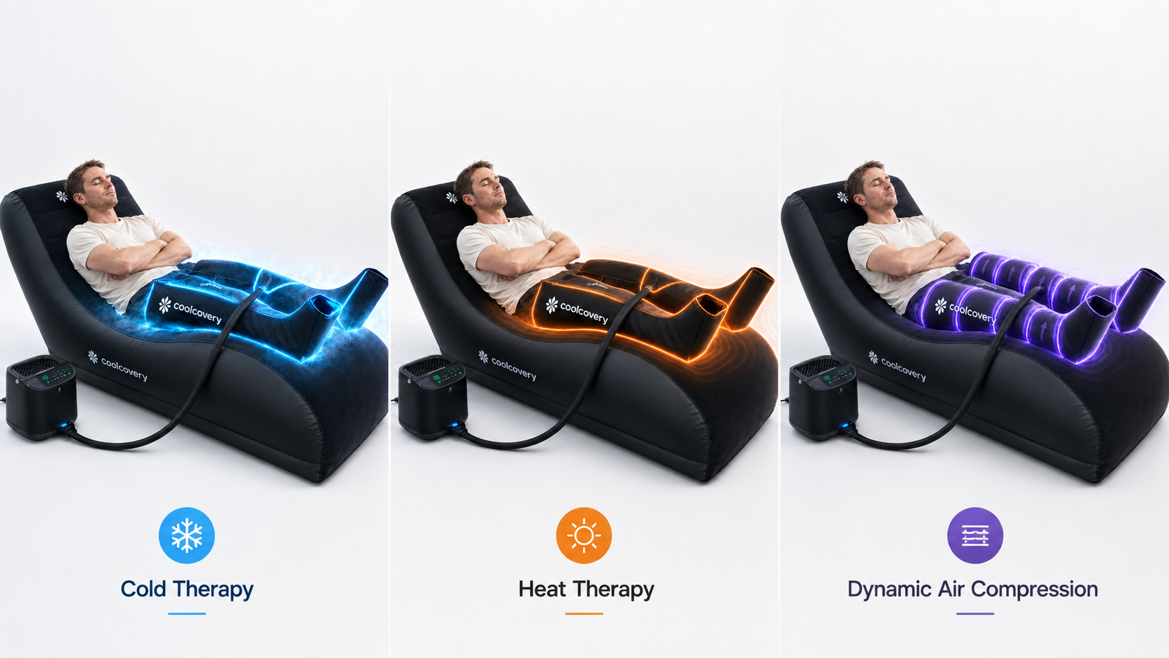 Three massage chairs with different therapy options on a white background