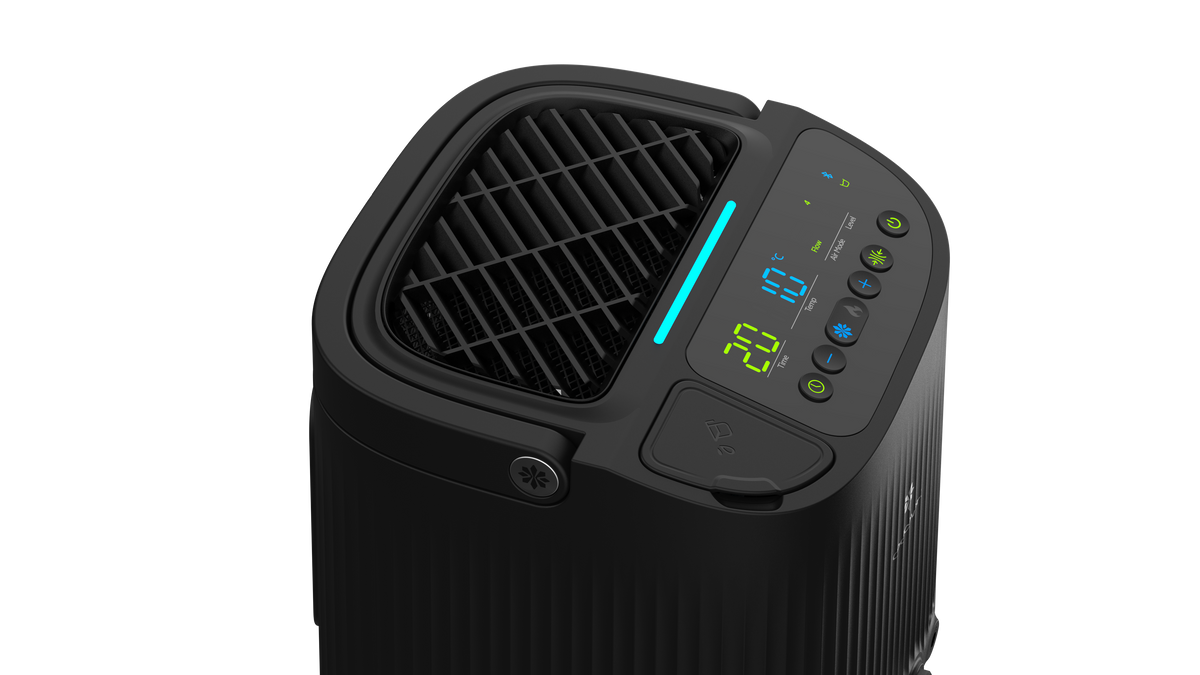 Black air purifier with digital display on a white background