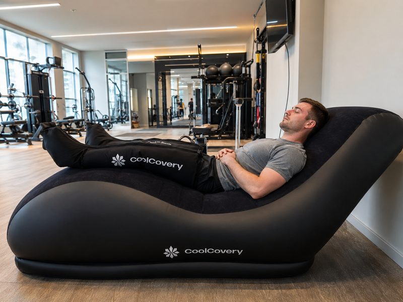 Person lying on a black massage chair in a gym setting with 'CoolCoveiry' branding.
