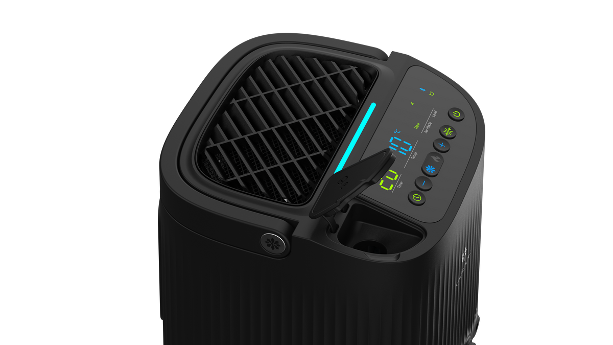 Black air purifier with digital display on a white background