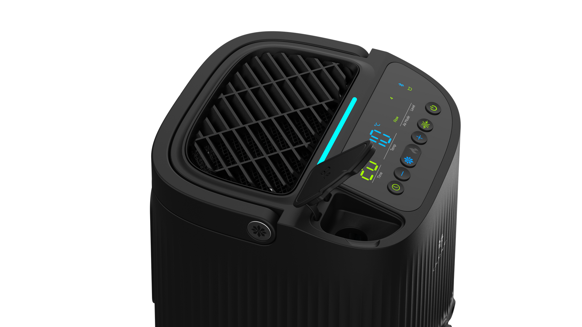 Black air purifier with digital display on a white background